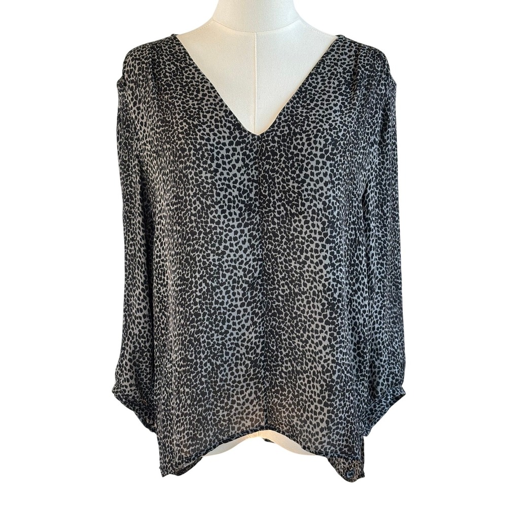 Joie Silk Blouse Leopard Print Gray Black Womens Size S V-Neck Long Sleeve Top
